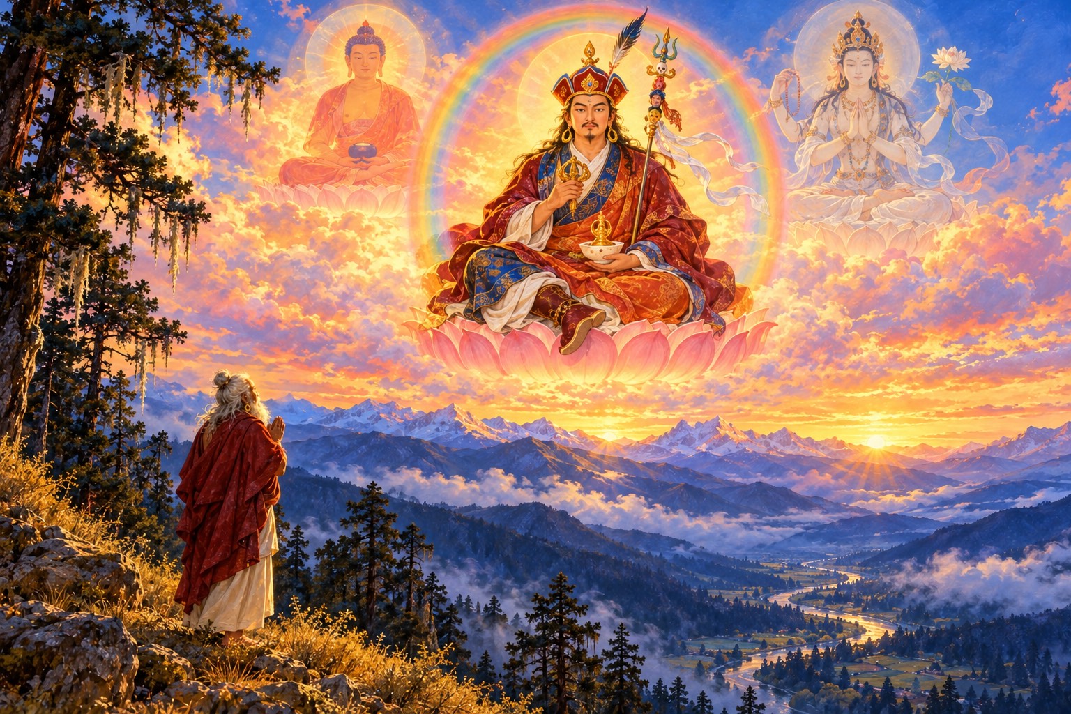 Guru Rinpoche in his lotus hat sits on a soft rainbow in the dawn sky, with fainter figures of the red Buddha Amitabha and white four-armed Chenrezig behind him; below, a small white-haired yogi in a red cloak stands on a forested hillside with palms joined.
