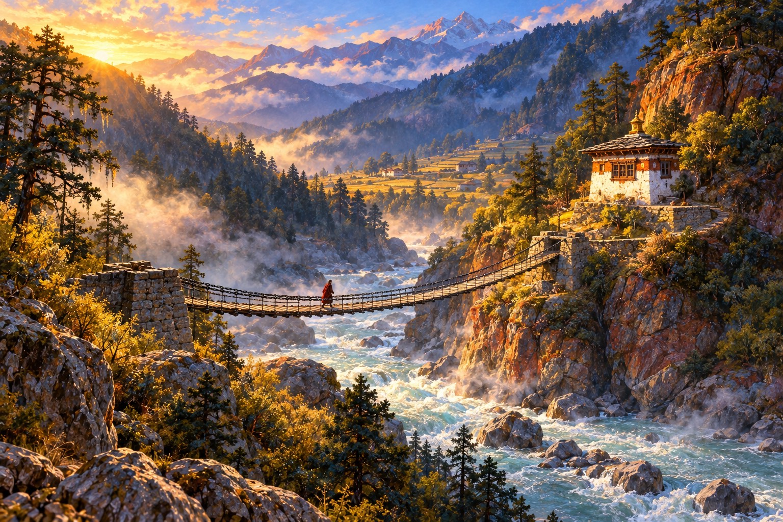 Seen from above on a misty morning, a small whitewashed temple sits on a red-rocked, pine-dotted hillside above a rushing river, with a short iron-chain bridge below on which a tiny figure is crossing.