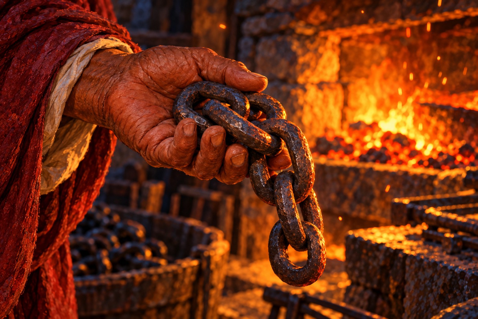 Close-up of an old, red-brown hand holding five thick, hand-forged iron chain links, one edge still glowing faintly, with a forge fire blurred behind.