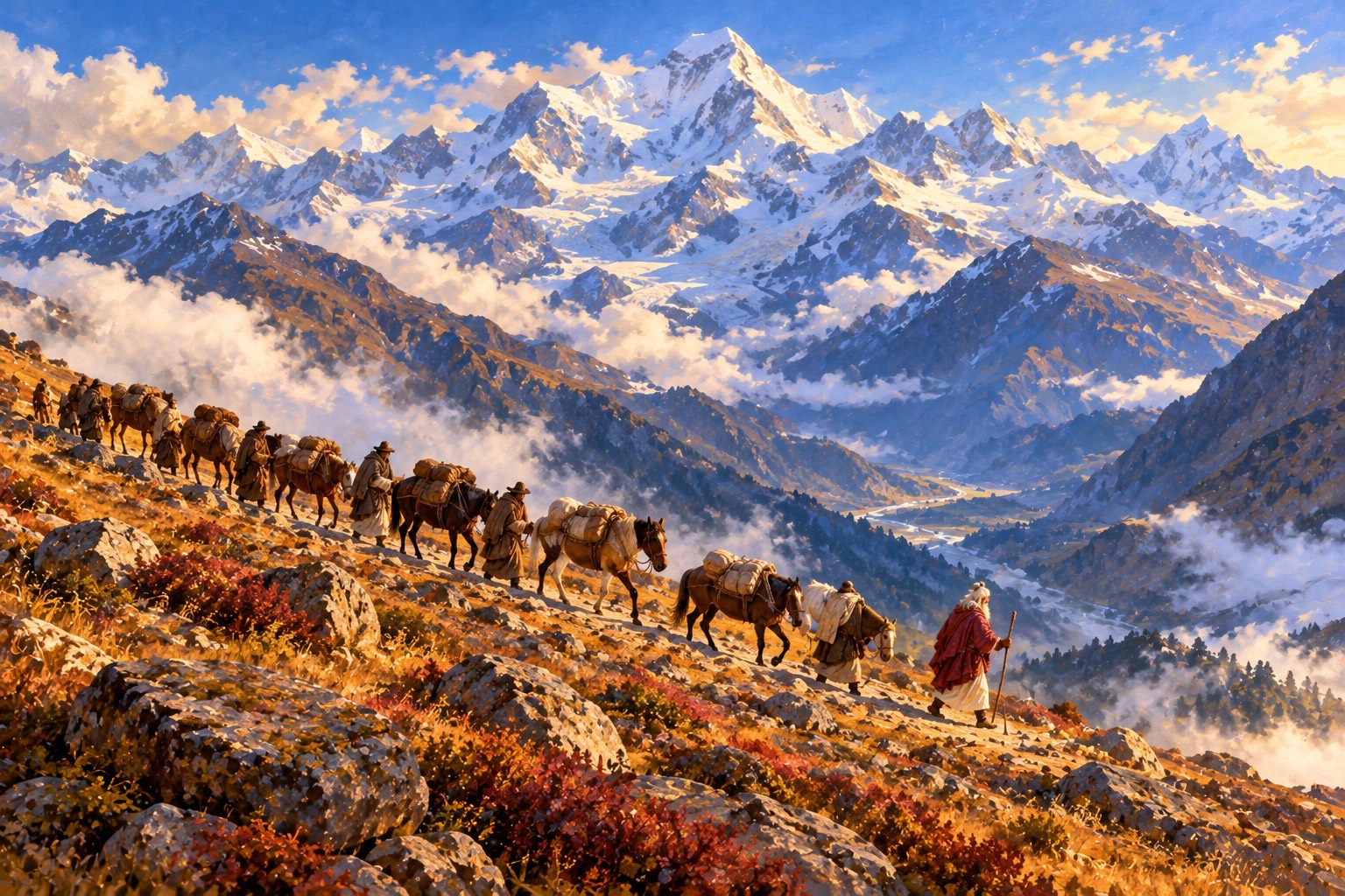 From high above, a long line of laden pack horses winds up a bare stony mountainside beneath huge snow peaks, led by a tiny figure in white and red.