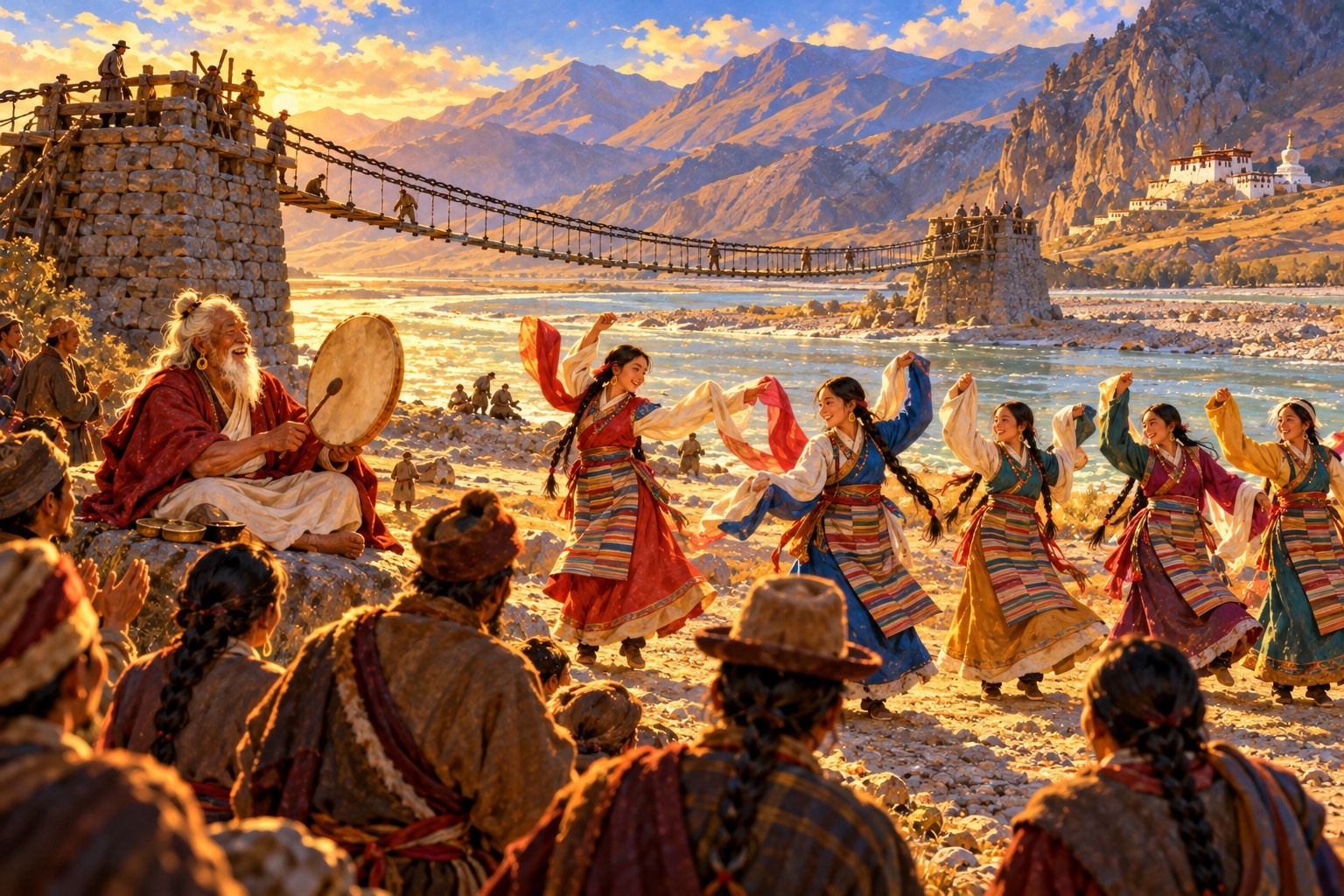 Seven young women in bright Tibetan dresses dance in a line on a riverbank while an old white-bearded yogi beats a large drum and laughs; behind them an unfinished iron-chain bridge hangs across the river.