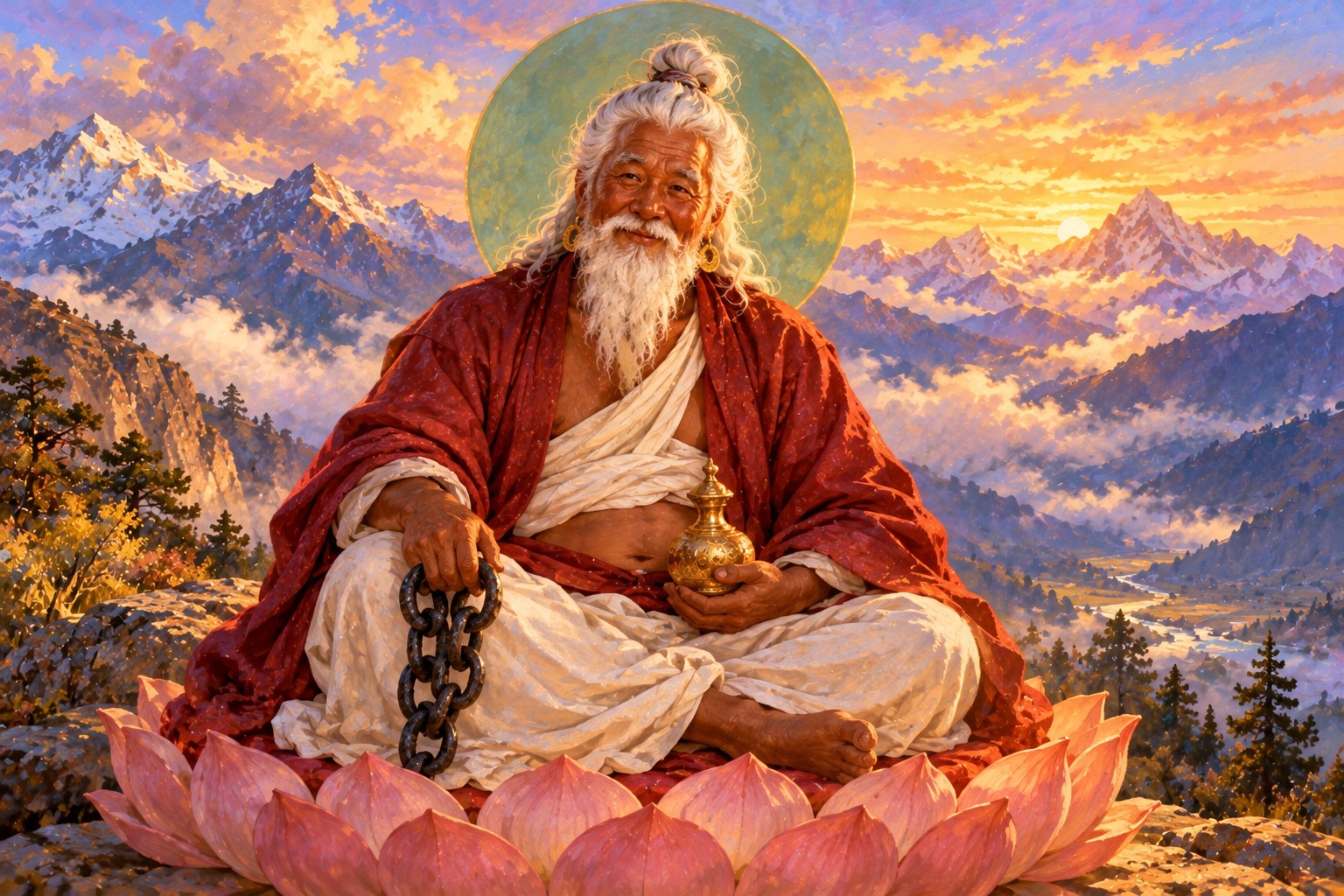 Portrait of Thangtong Gyalpo seated on a lotus: an old man with deep red-brown skin, a white topknot and long white beard, a red cloak, holding iron chain links in his right hand and a small golden vase in his left, with a soft green halo.