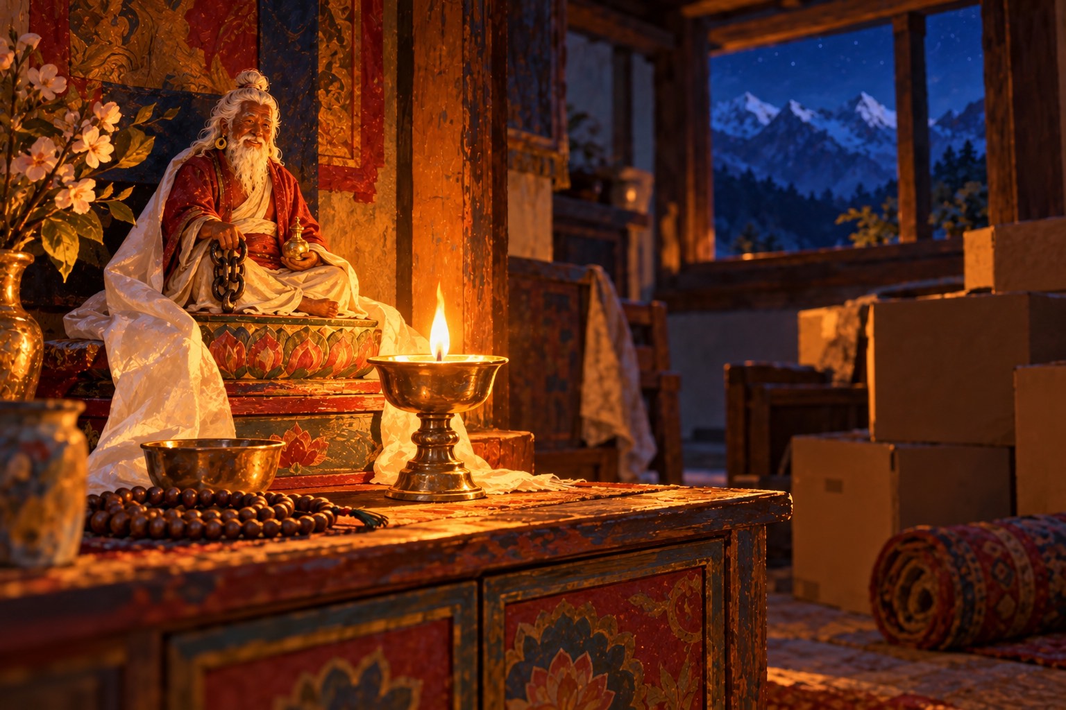A small statue of a white-bearded yogi with red-brown skin stands on a wooden home shrine beside a single glowing butter lamp and coiled prayer beads, with unopened boxes in the shadows behind.