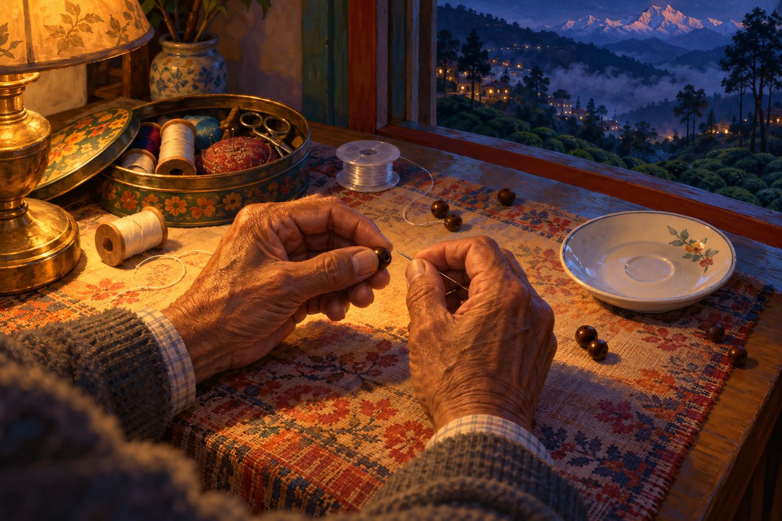Close-up of an old man's hands under lamplight, trying to push a needle through a wooden bead, with snapped thread and loose beads around a saucer.