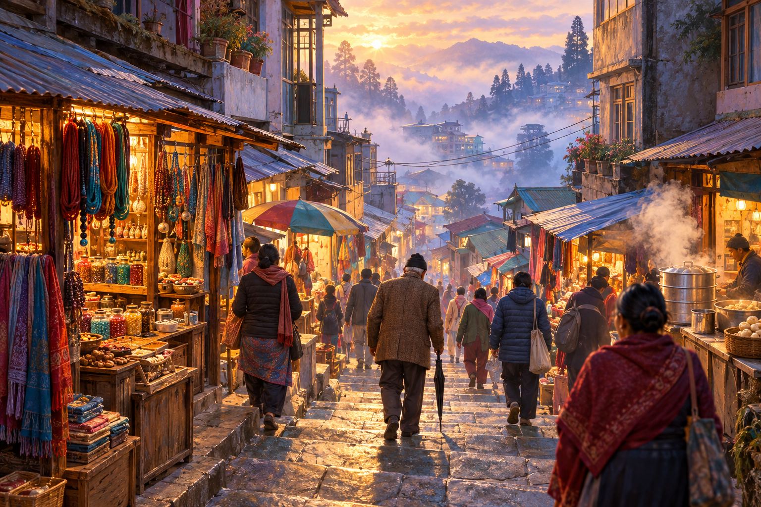 Looking down a steep, misty market lane of steps lined with small shops, steam rising from a food stall, an old man with an umbrella among the people going down.