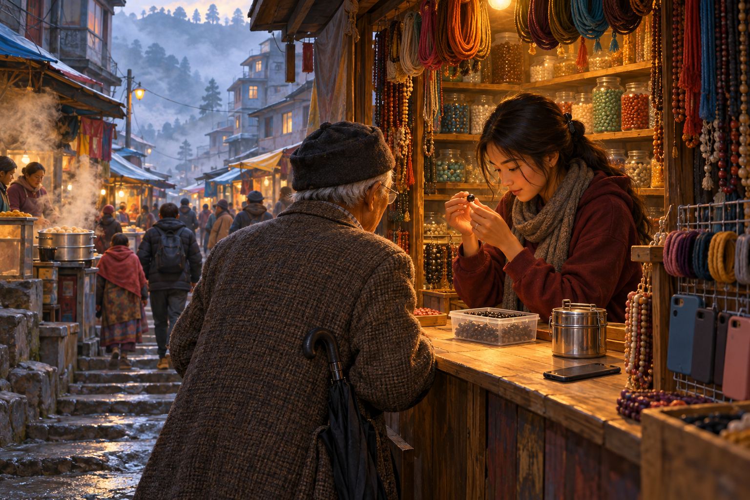 At a small market stall hung with coils of cord and jars of beads, a young woman holds a bead up to the light while an old man leans in to watch.