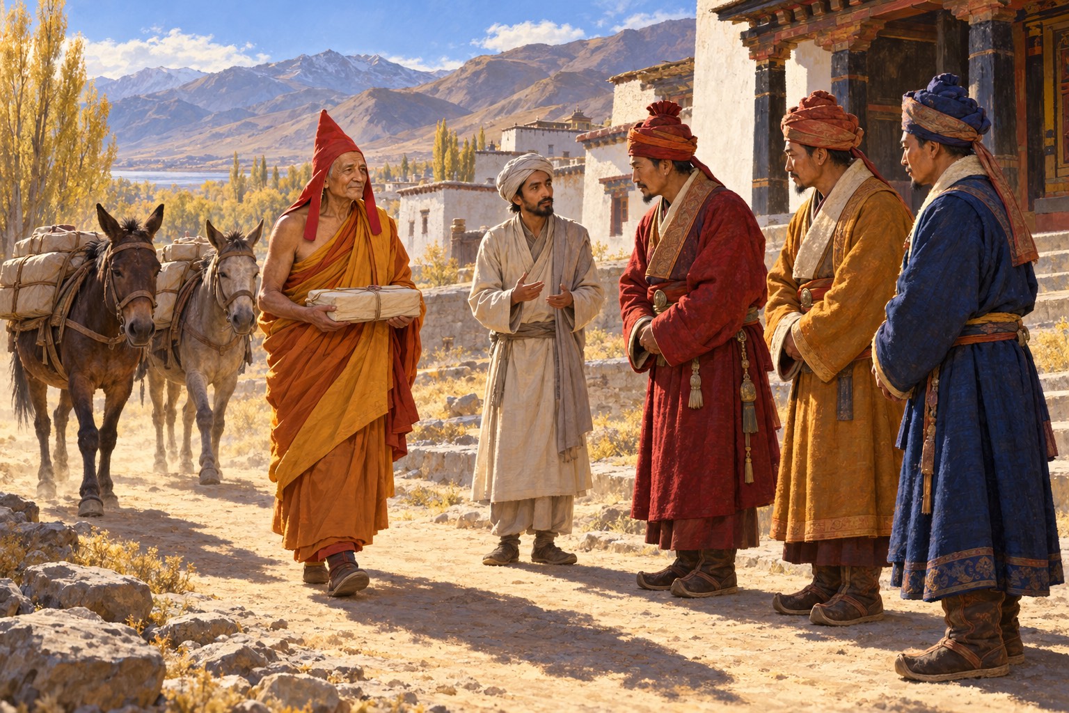 An elderly Indian monk in a red pointed hat and patched robes walks into a dusty early Tibetan town, followed by mules loaded with wrapped books, while ministers in long lapelled robes and tall turbans and an interpreter wait to meet him.
