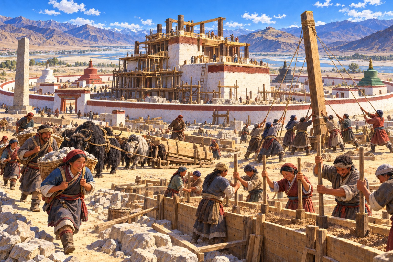 A busy, sunlit building site where Tibetan workers in belted wool robes carry stones in baskets, pound earth into wooden frames and raise pillars with ropes, while yaks haul timber and thick white walls rise against brown mountains.