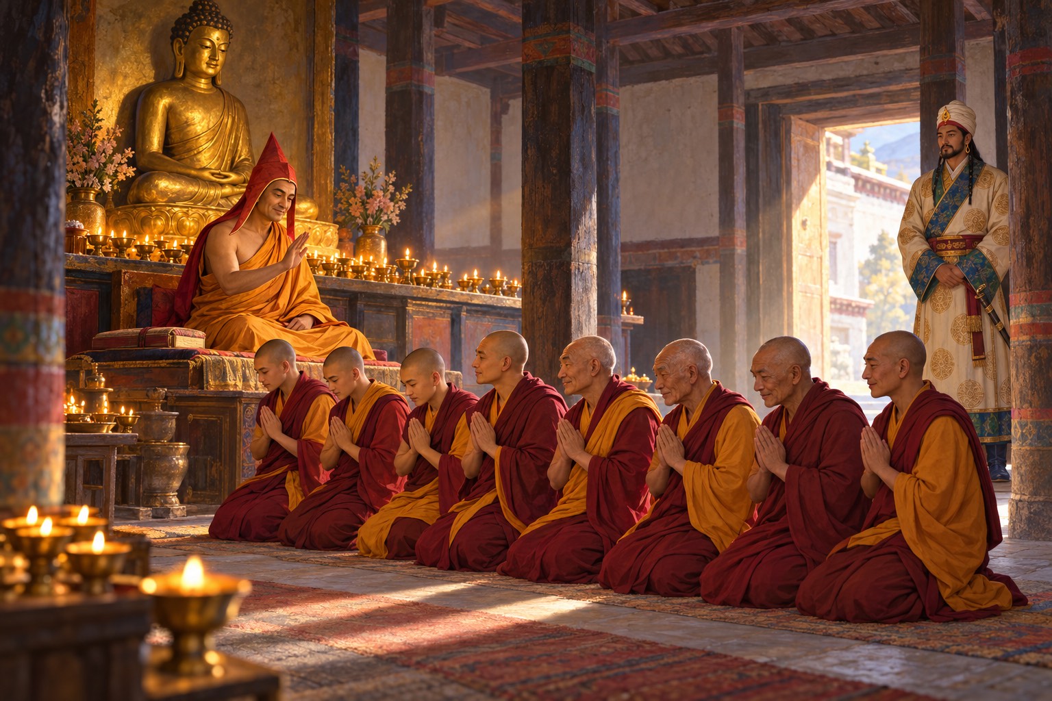 In a pillared temple hall lit by butter lamps, seven Tibetan men with shaved heads and new maroon and saffron robes kneel with palms joined before an elderly abbot in a red pointed hat, while the king stands respectfully nearby.