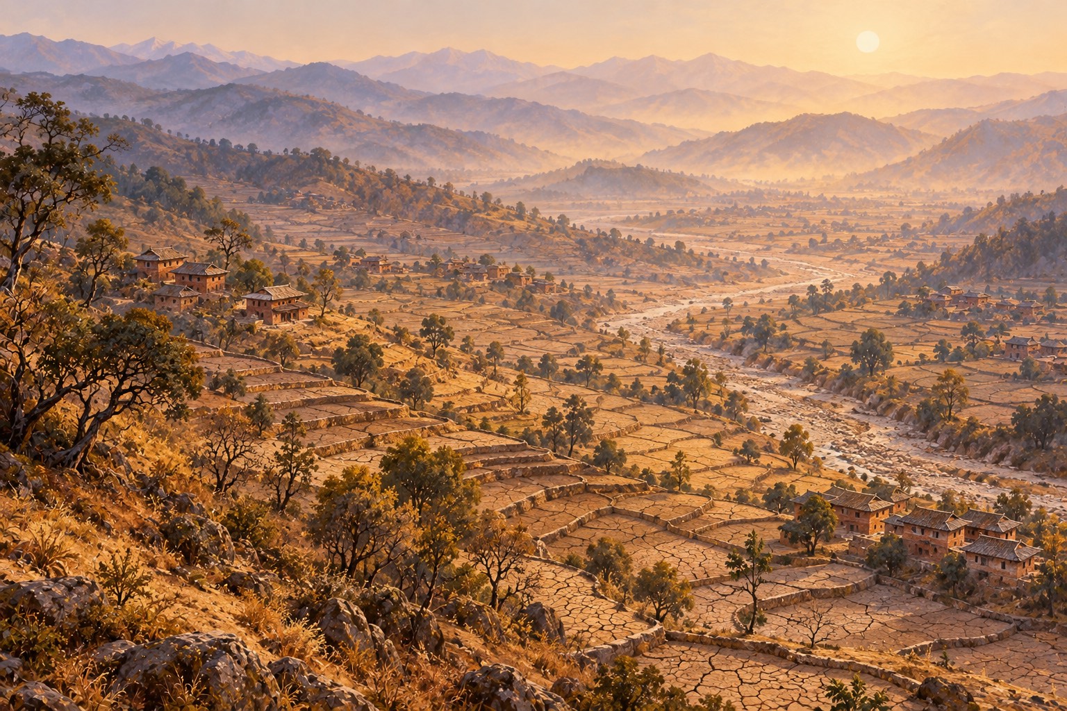 A high view over a valley in drought: cracked, empty terraced fields, a dry riverbed and wilted forest under a pale hazy sky, with small brick villages among the terraces.