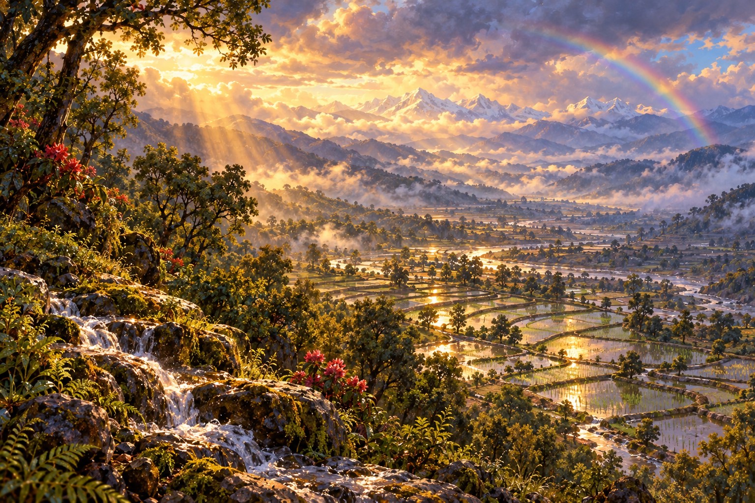 Rain clouds lifting over a green valley; terraced fields shine with water and a faint rainbow arcs over the valley toward distant snow peaks.