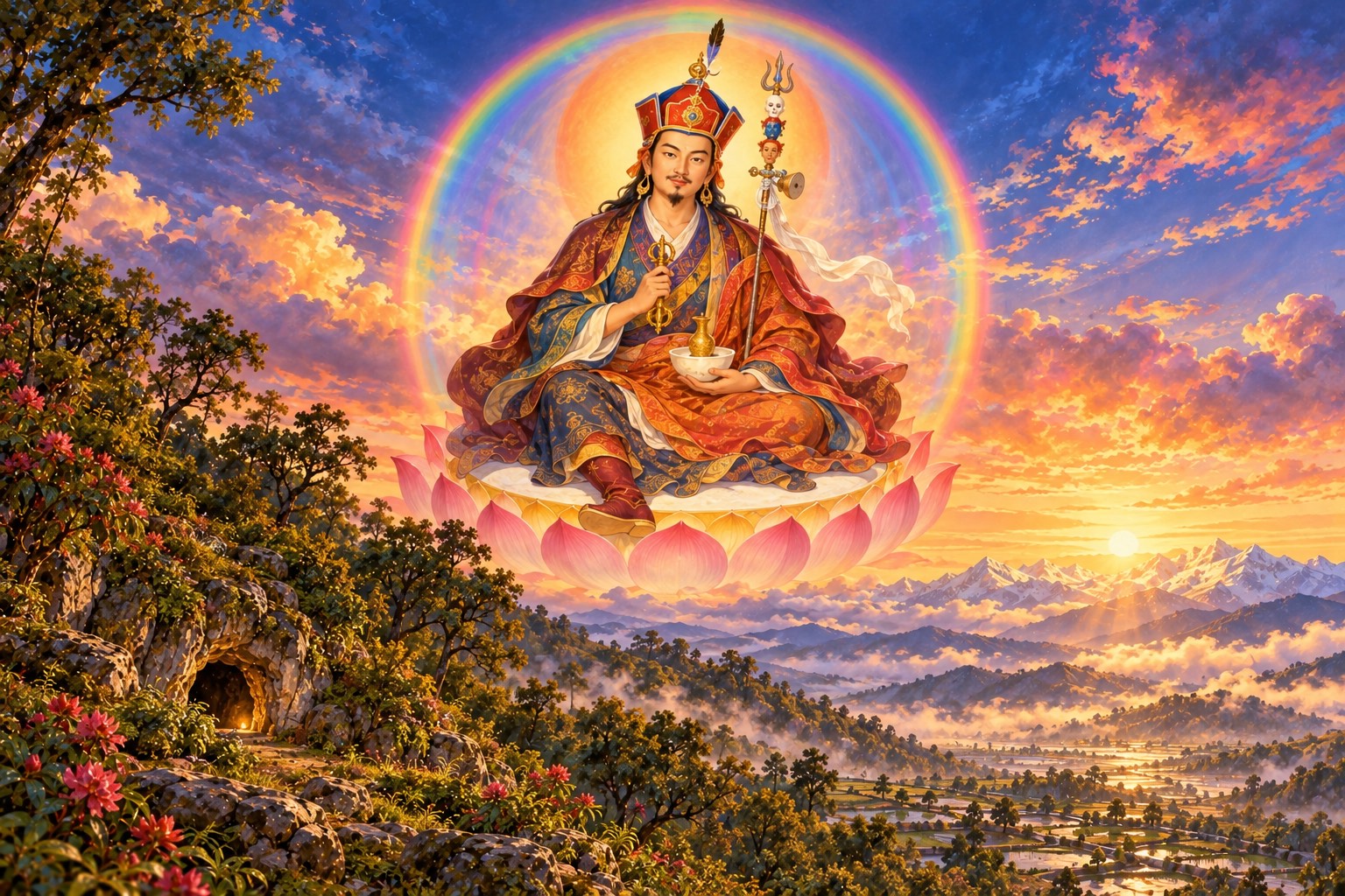 Guru Rinpoche in his lotus hat and layered robes, holding a vajra at his heart and a skull cup in his lap, sits on a lotus inside a rainbow sphere in the dawn sky above a forested hillside and a small cave.