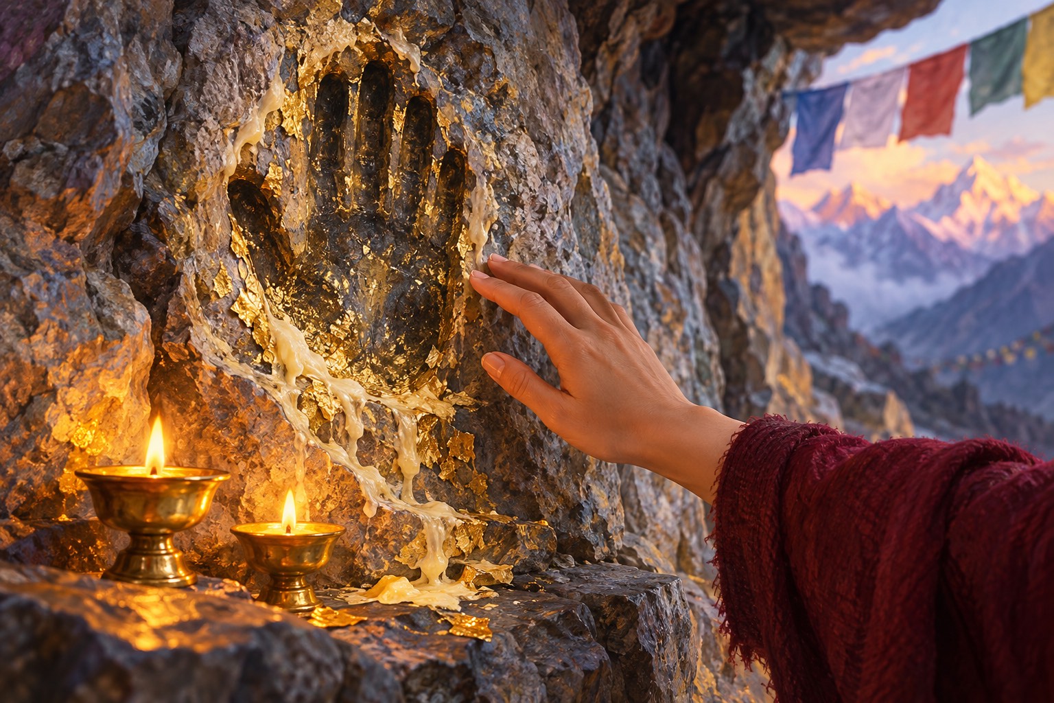 A shallow handprint in grey rock beside a cave entrance, worn smooth and touched with gold leaf; a pilgrim's hand reaches toward it, and two small butter lamps burn below.