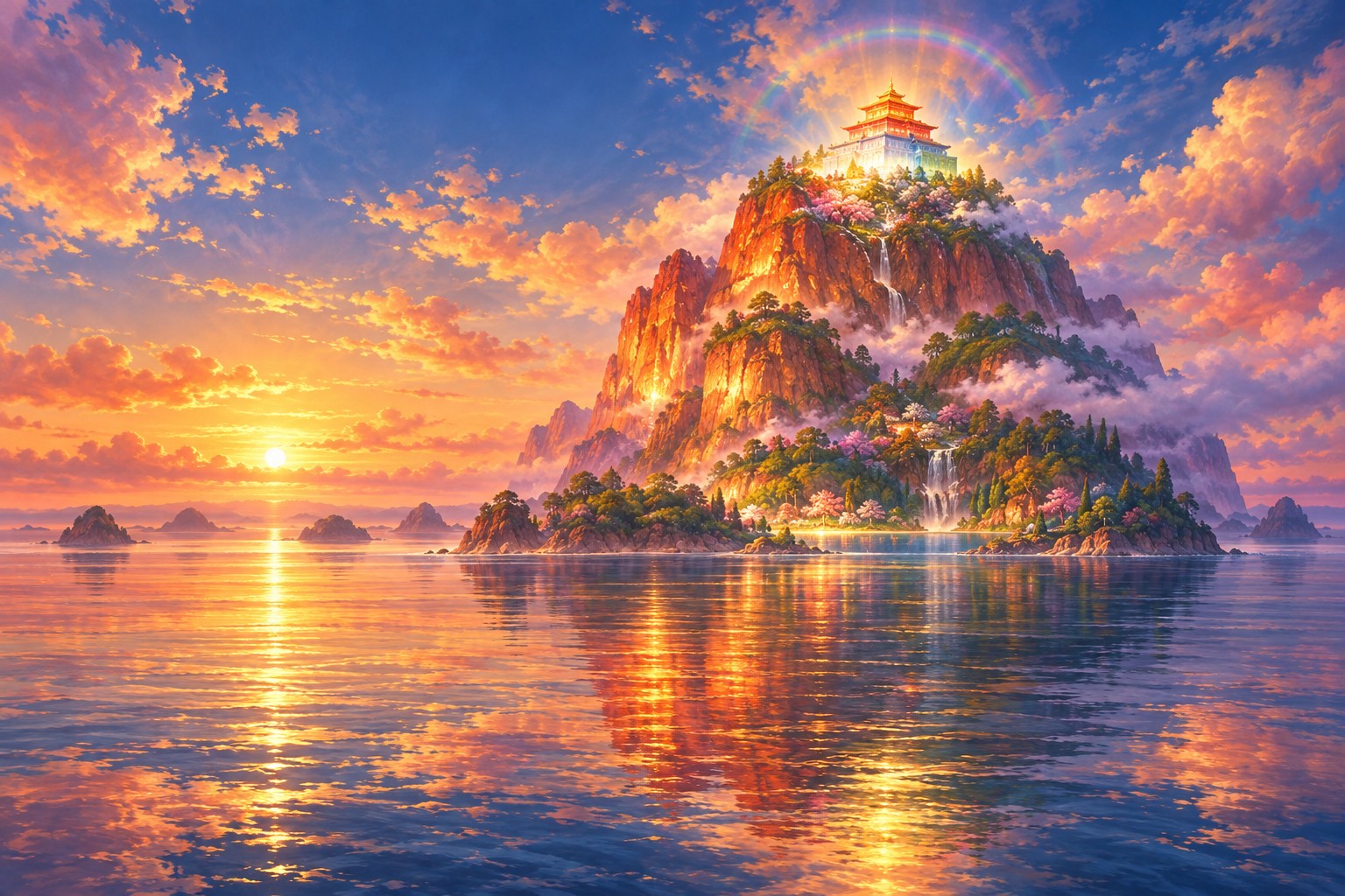 At sunrise, a steep copper-red mountain rises from a still ocean, its slopes green with groves. On its summit a small three-storey palace glows with soft jewelled light beneath a faint canopy of rainbow light.