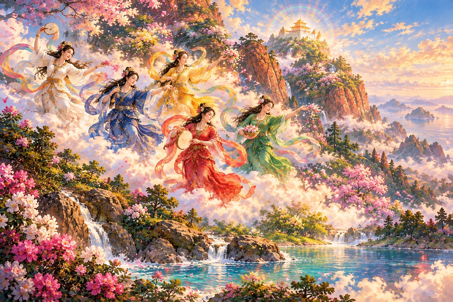 In bright morning light, five dakinis in white, blue, yellow, red and green silks dance on low clouds above a turquoise meadow among sandalwood trees, while petals fall from a faint rainbow canopy.