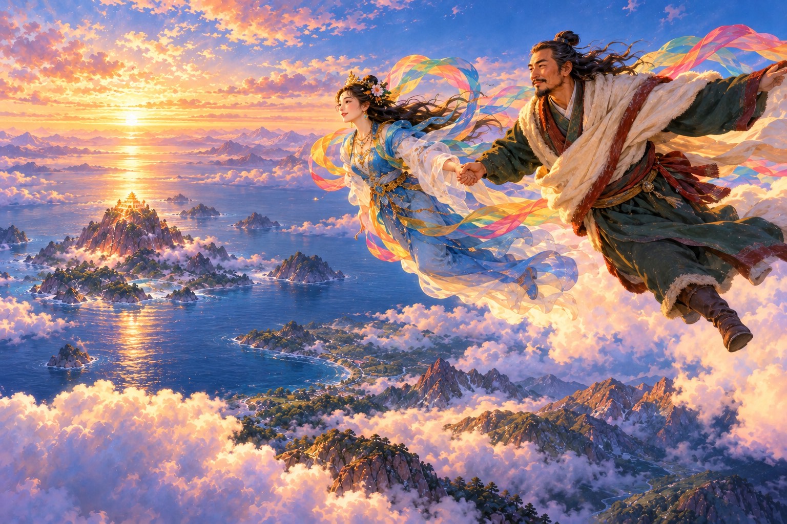A blue-robed dakini leads Dudjom Lingpa, in a white and red shawl, by the fingertips as they glide high above clouds and a shining sea, the copper-red mountain small on the horizon ahead.