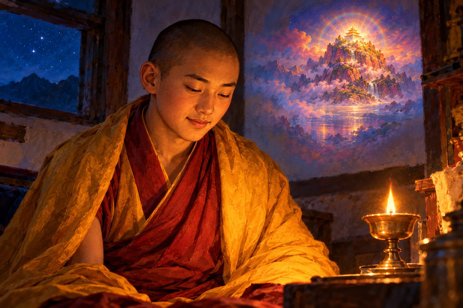 In a dark room lit by one butter lamp, a young monk of about sixteen sits in meditation with eyes lowered and a faint smile, a soft copper-red and rainbow glow in the darkness behind him.