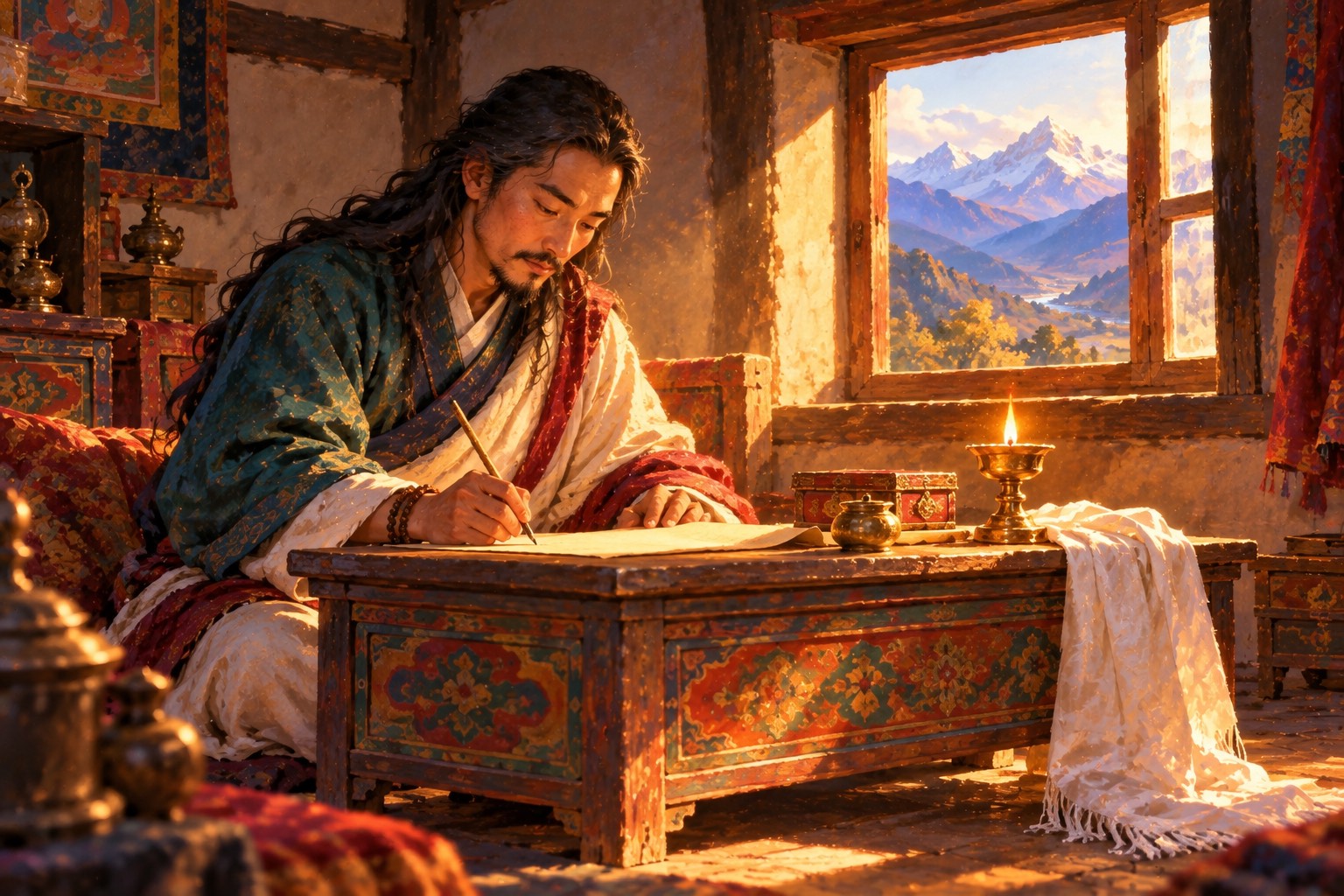 In a simple Tibetan room lit by afternoon sun, Chokgyur Lingpa, with long black hair and a red-bordered white shawl, writes with a bamboo pen at a low table beside a butter lamp and a folded white scarf.