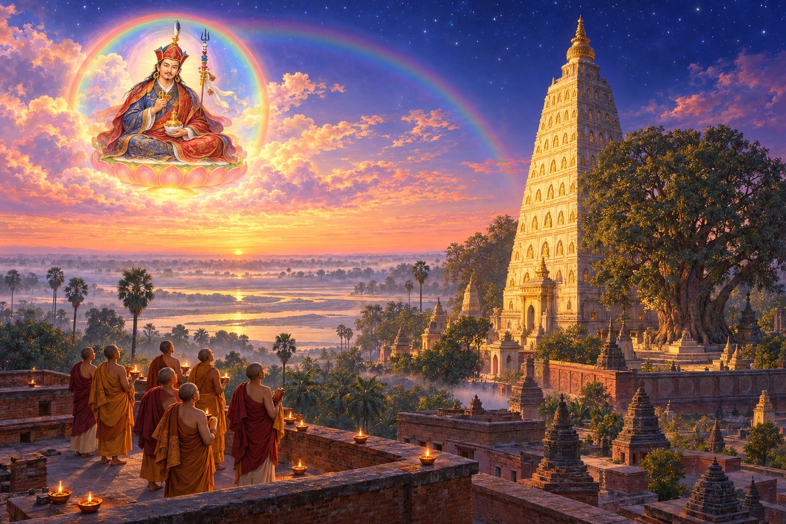 A wide dawn view of an ancient Indian temple: a tall brick tower glowing gold beside a huge tree within a high wall. On a nearby flat roof, a few monks with small lamps look up at a small radiant figure seated in a sphere of rainbow light among the clouds.