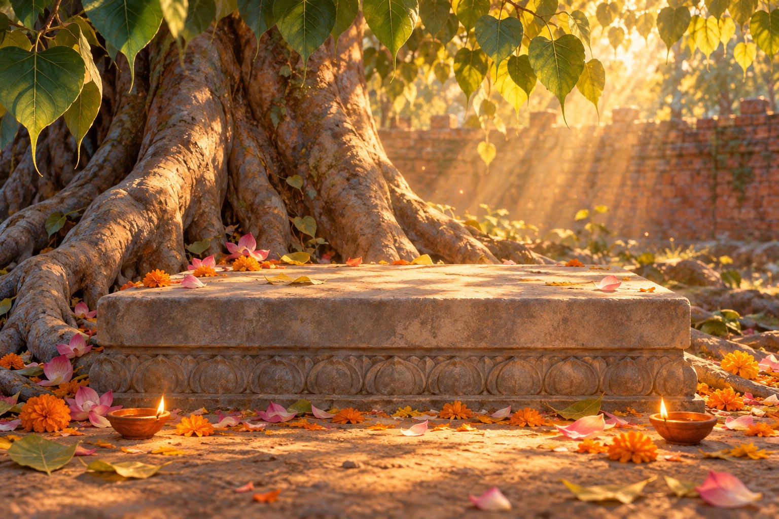 Close view of a plain polished stone slab at the foot of a great tree with heart-shaped leaves. Petals and fallen leaves lie on the stone and two tiny oil lamps burn in front of it, lit by golden light falling through the branches.