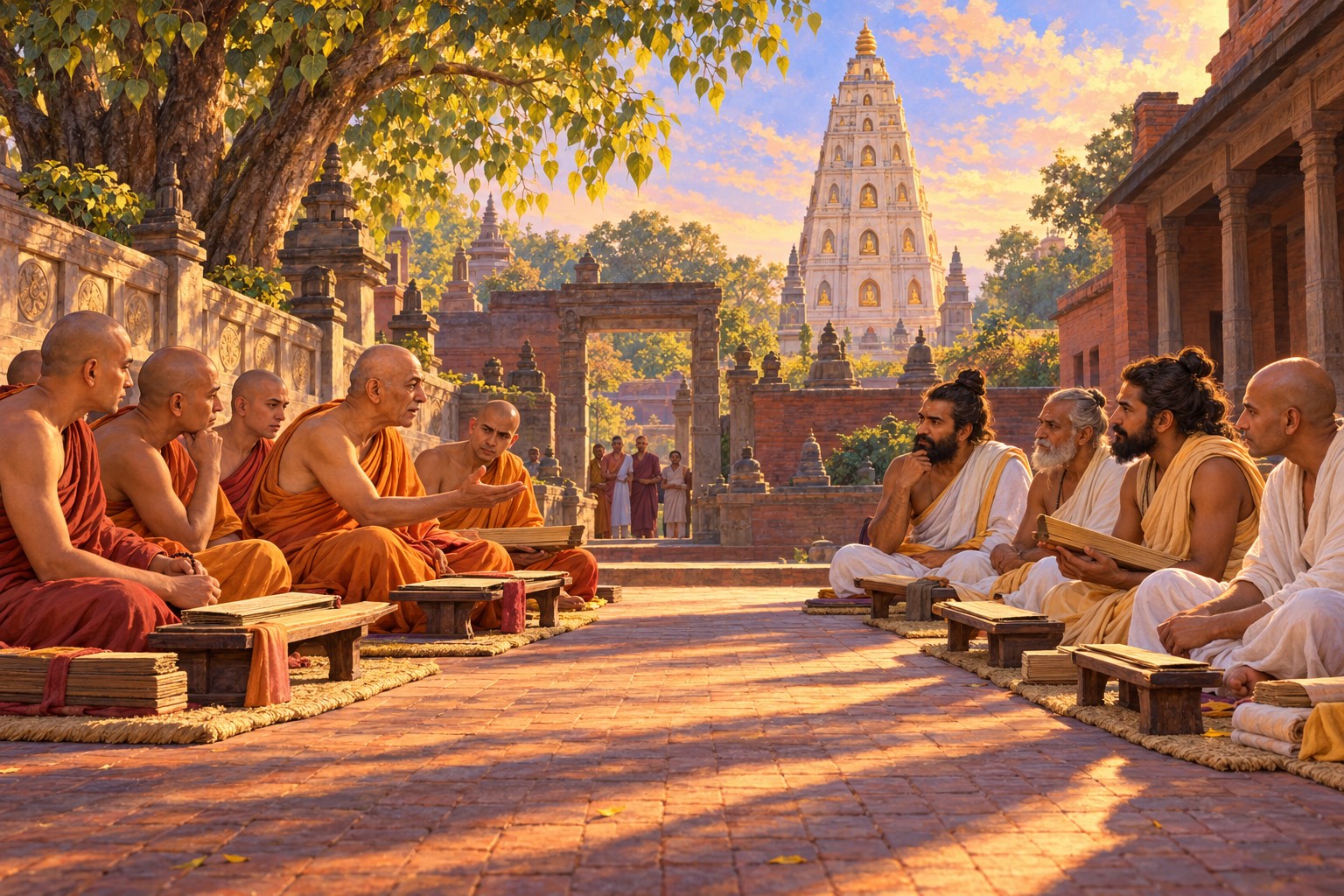Two groups of Indian scholars sit facing each other on mats in a brick courtyard. On the left, shaven-headed monks in ochre robes with palm-leaf books; on the right, dignified teachers in white and pale saffron cotton, some with long hair and beards. A tall temple tower rises behind them.