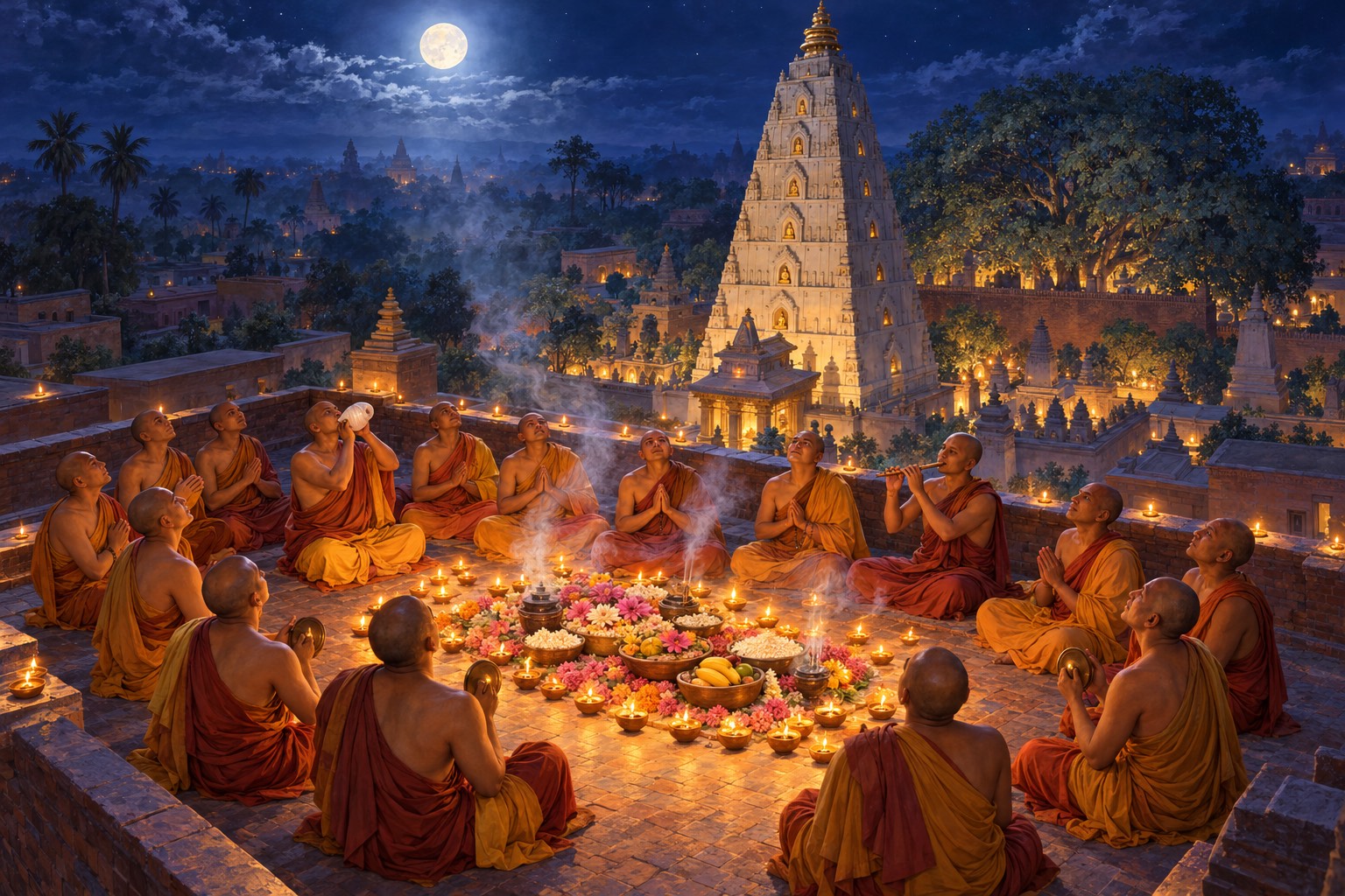 Seen from above, a circle of monks in ochre robes sit on a flat roof at night around flowers, fruit, incense and many small oil lamps. Some join their palms, some play cymbals, a conch and a flute, all looking up at the moonlit sky beside a tall temple tower.