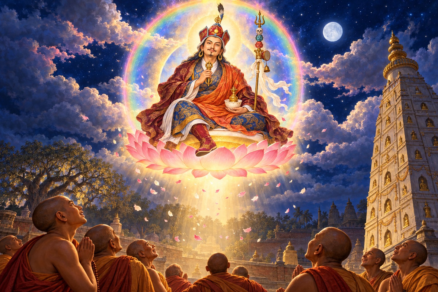 Looking up from a rooftop at night: monks with joyful raised faces in the foreground, and high above them Guru Rinpoche seated on a lotus inside a sphere of rainbow light, a soft column of golden light falling from him as the clouds part.
