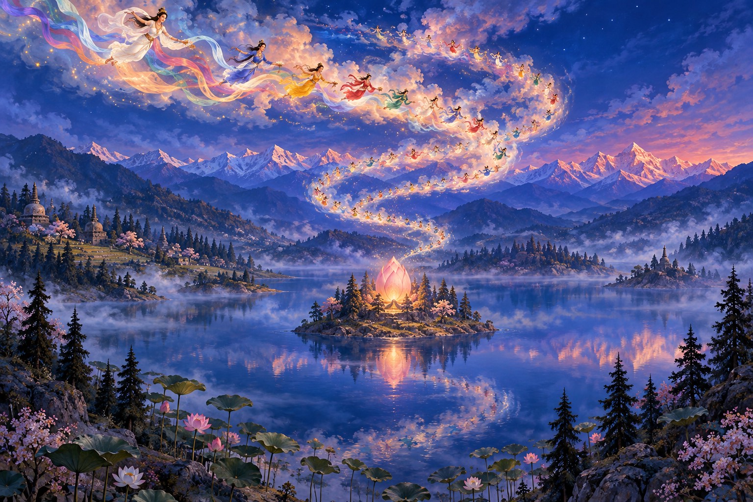 A wide view of a still mountain lake before dawn, snow peaks glowing pink. On an island a great lotus bud glows from within, and a spiral of many tiny dakinis in colourful silks and rainbow scarves descends toward it from the clouds.