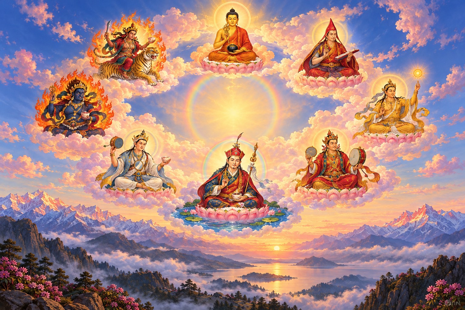 A wide dawn sky above snowy mountains and a misty lake. High in the air a ring of glowing clouds holds eight small figures: a golden monk, a scholar in a red pointed hat, a yogi holding up a tiny sun, a king with a mirror, a lotus-hatted master on a lotus, a pale young prince, and two fierce figures in flame, one dark blue and one maroon riding a tigress.