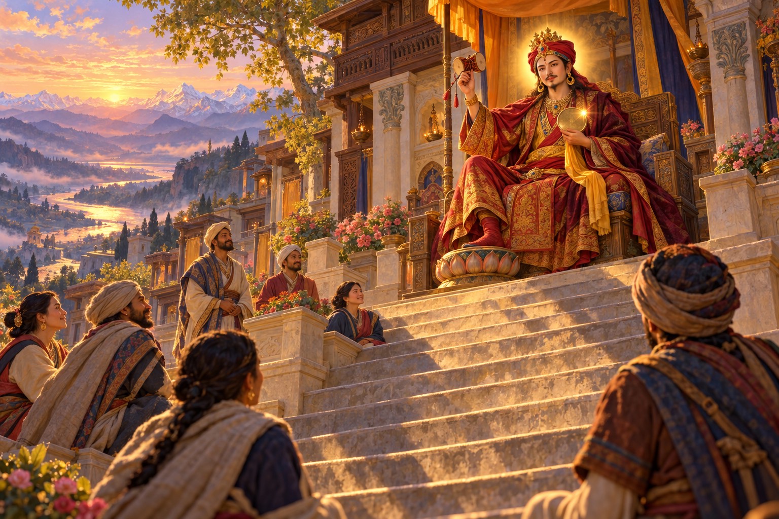 Seen from below, a king in red and gold robes and a gold crown sits on a cushioned throne at the top of palace steps, holding up a small drum and a round golden mirror that catches the sun. Ministers and townspeople sit and climb the steps, looking up at him in the golden evening light.