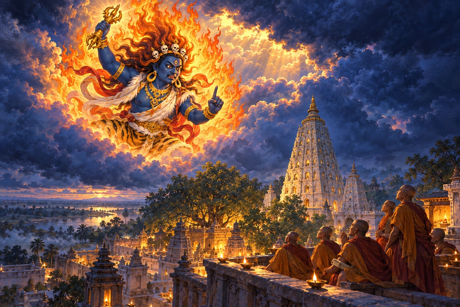 At night over a tall ancient temple and a great tree, storm clouds part to reveal a dark blue fierce figure ringed with golden flame, holding a golden scepter high. Far below, a small group of monks on a rooftop look up in wonder beside small lamps.