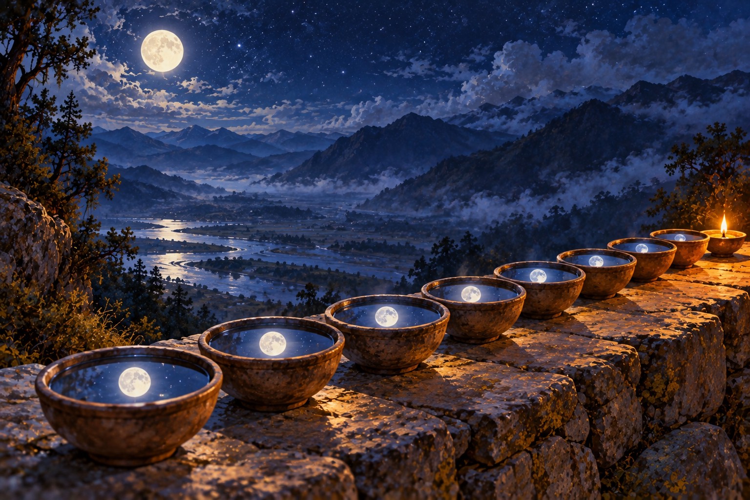 Eight small clay bowls of water stand in a row on a stone ledge at night, each holding a reflection of the full moon, while the one real moon shines in a starry sky above dark mountains.