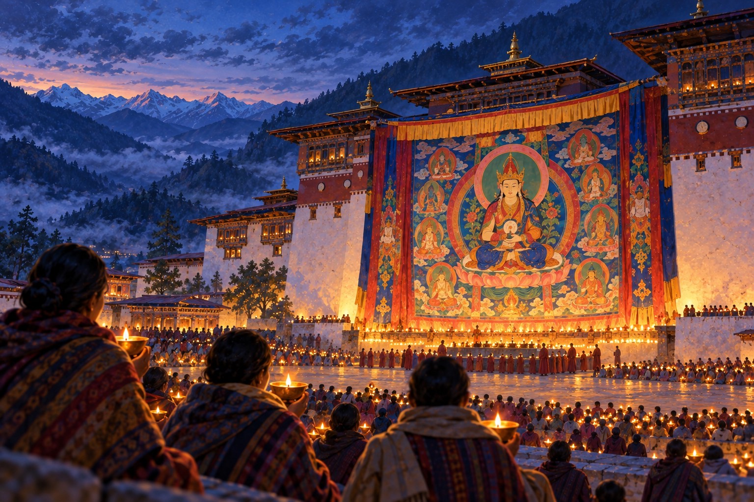 In the blue darkness before dawn, a few people wrapped in shawls, seen from behind, look toward a huge silk banner hanging down a white fortress wall. Lit by small lamps, it shows a large seated figure in a lotus hat surrounded by smaller figures.