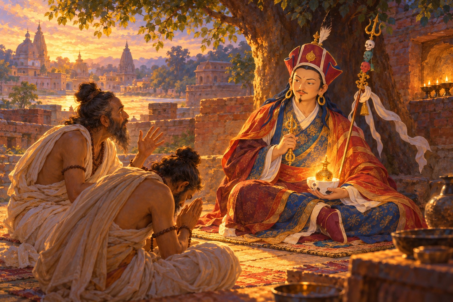 In a sunlit courtyard, Guru Rinpoche sits calmly on a mat while the drink in the white cup on his lap turns to glowing gold. Two ascetics in pale cotton lean toward him, one amazed, one bowing his head.