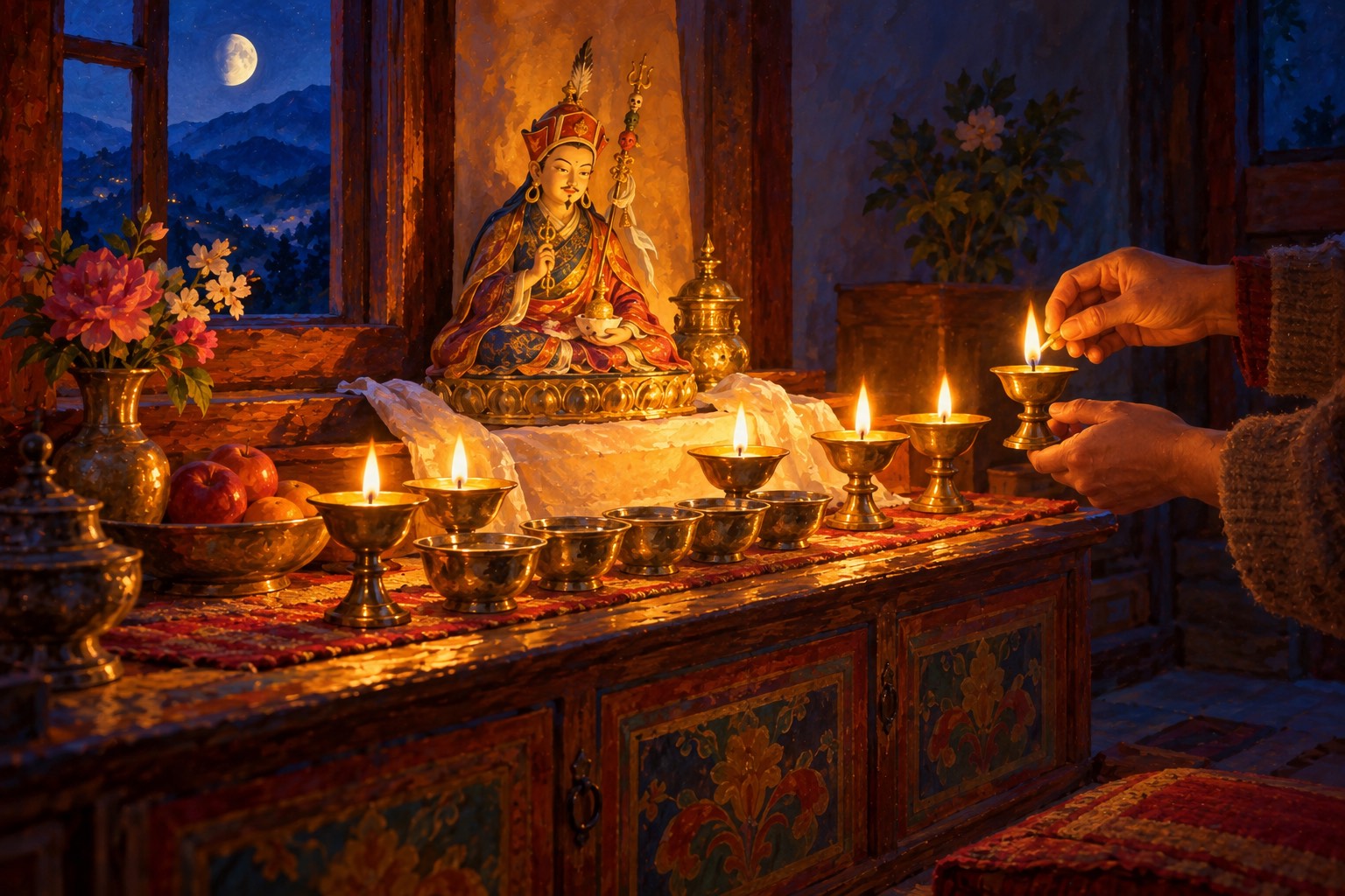 In a dim room at dusk, a pair of hands lights one more small brass lamp at a simple home shrine, where a little golden image of Guru Rinpoche sits behind bowls of water, flowers and a plate of fruit.