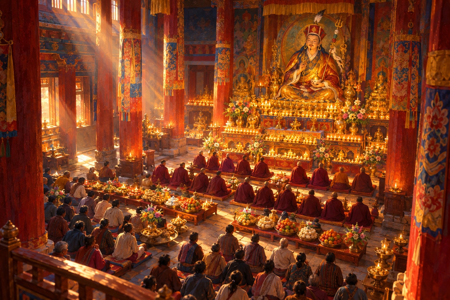 From a gallery above, a temple hall is full of people seated in rows, monks in maroon at the front and families behind, facing a tall golden statue of Guru Rinpoche surrounded by lamps. Plates of fruit and sweets sit between the rows.