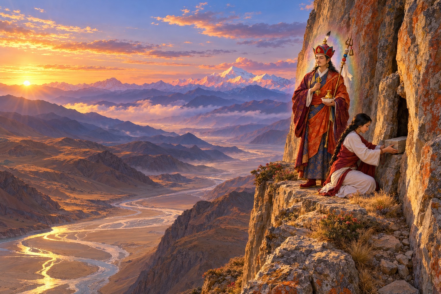 A wide golden-hour view of a high, dry Tibetan cliff above a broad river valley. Small on a ledge, Guru Rinpoche in his lotus hat stands beside a cleft in the rock while Yeshe Tsogyal, in white robes and a red shawl, kneels to place a small stone casket inside it.