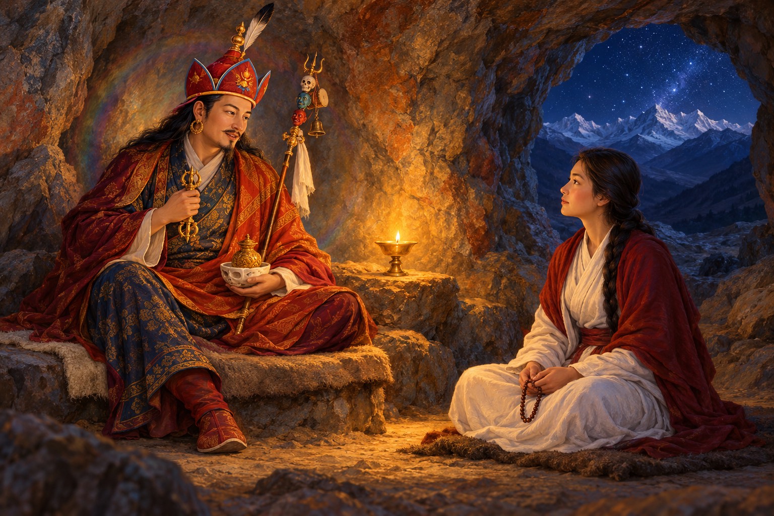 Inside a small rock cave at night, lit by one butter lamp, Guru Rinpoche sits on a felt-covered rock and speaks while Yeshe Tsogyal, seated across from him in white robes and a red shawl, listens intently. Moonlit snow peaks show through the cave mouth.
