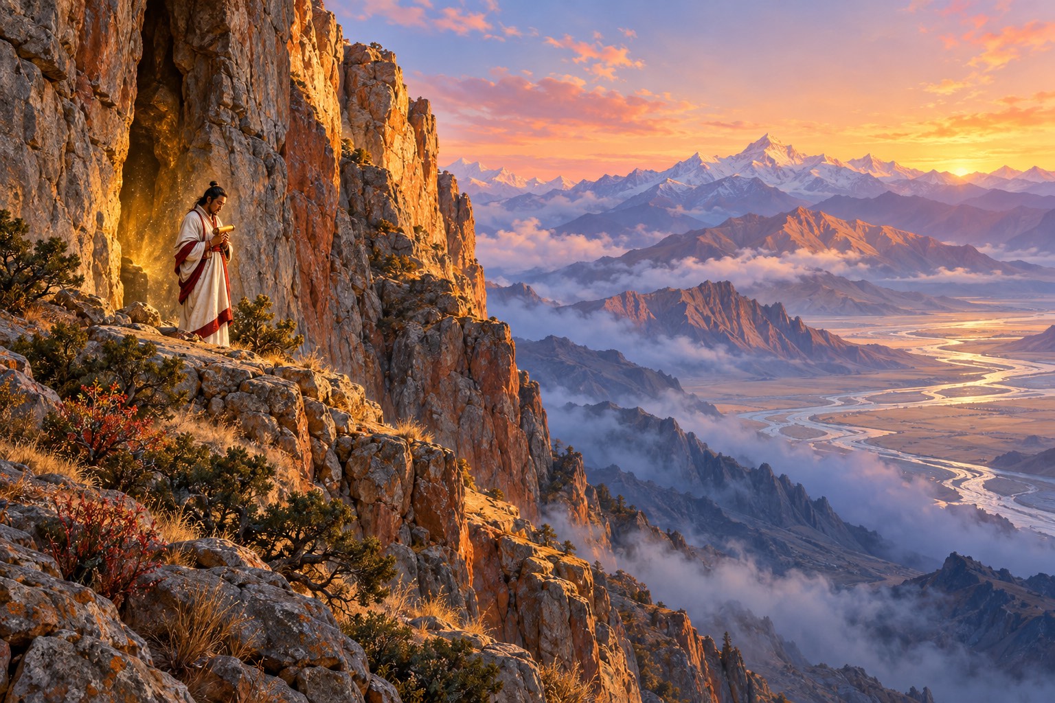 Seen from below at dawn, a lay yogi with long hair in a topknot and a white shawl with red borders stands on a cliff ledge in front of a cleft in the rock, holding a small rolled yellow scroll to his heart.