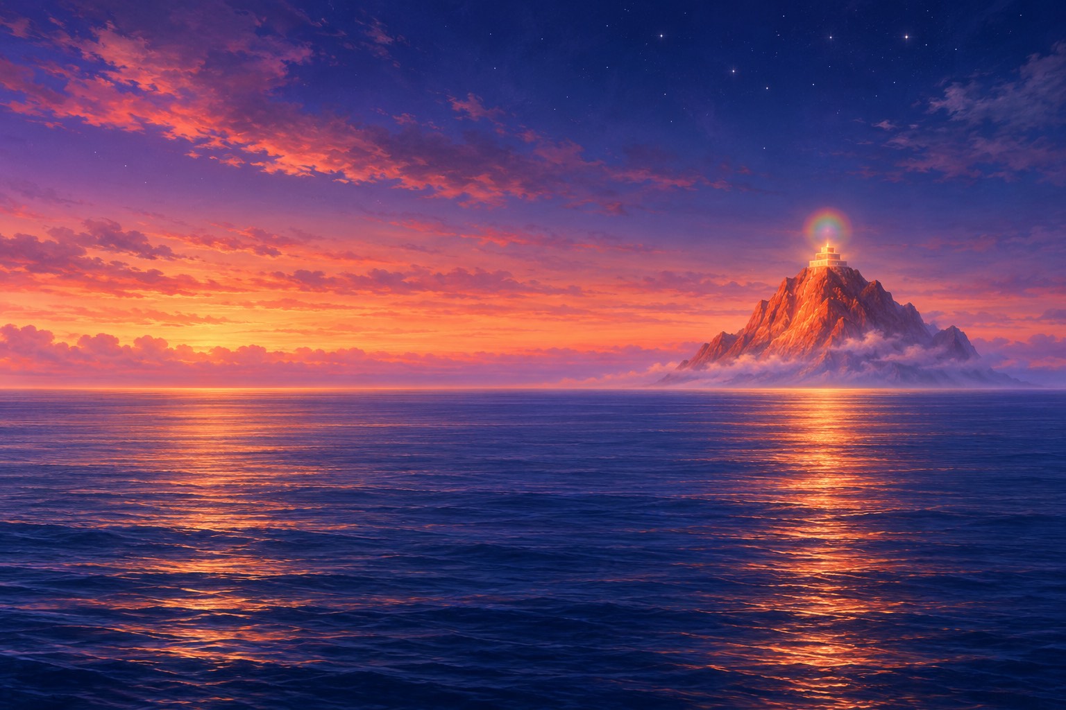 Across a calm twilight ocean, a far-off steep mountain glows copper-red on a misty island, with a tiny palace of golden light at its summit and a faint rainbow above.