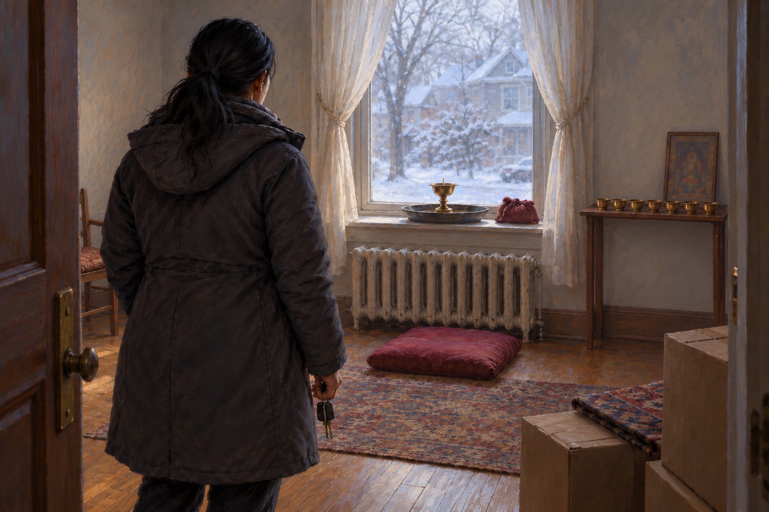 Seen from behind, a woman in a winter coat stands in a doorway looking across a dim room at a small shelf by the window with water bowls, a framed picture and an unlit brass lamp.