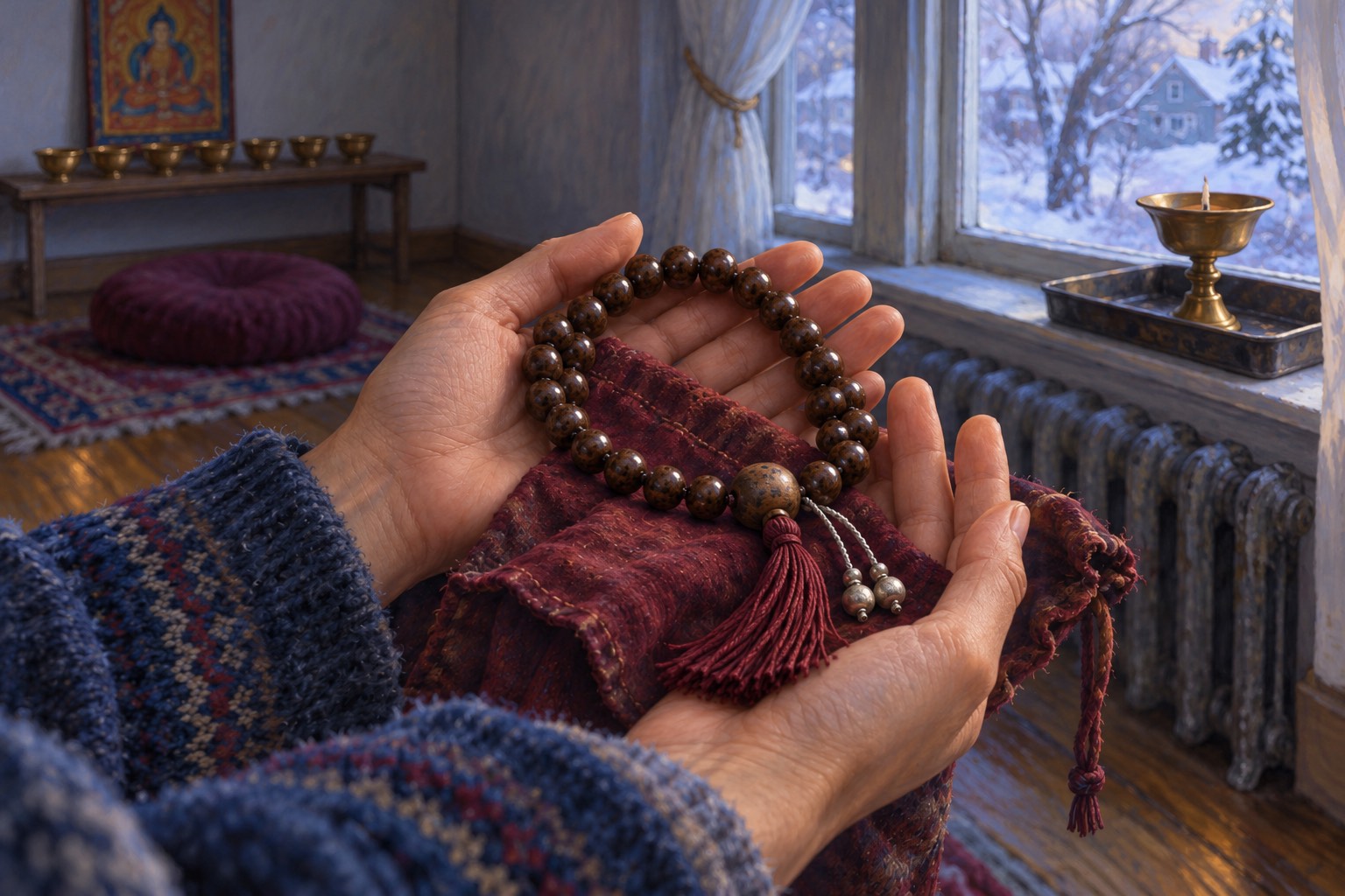 Two hands holding an old string of glossy brown prayer beads, the larger bead at the top worn smooth, above a faded maroon cloth pouch.