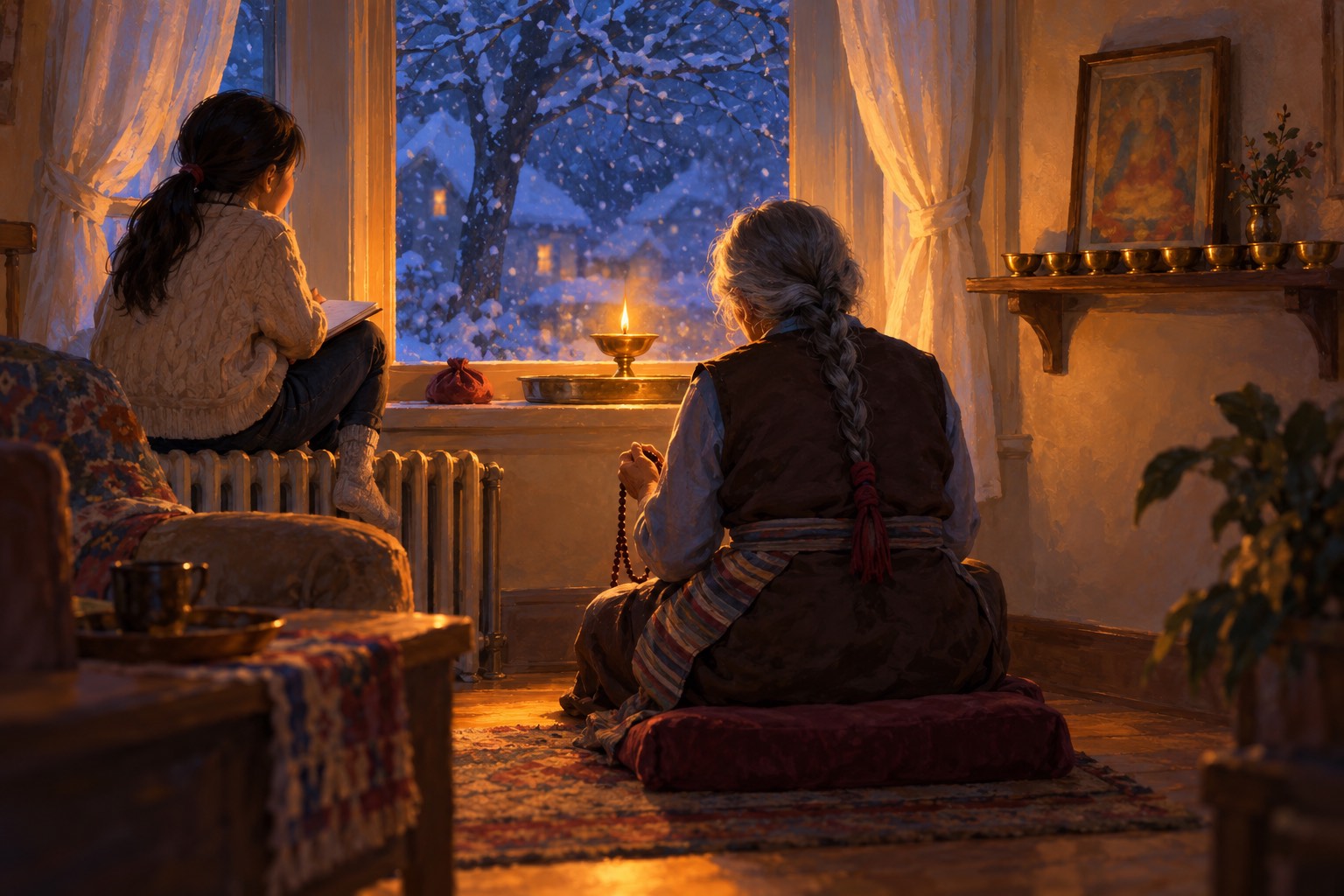 In a dark room lit by one lamp in the window, an old woman with a long grey braid sits on a cushion facing the window, and a young girl sits on the radiator beside her, both seen from behind.