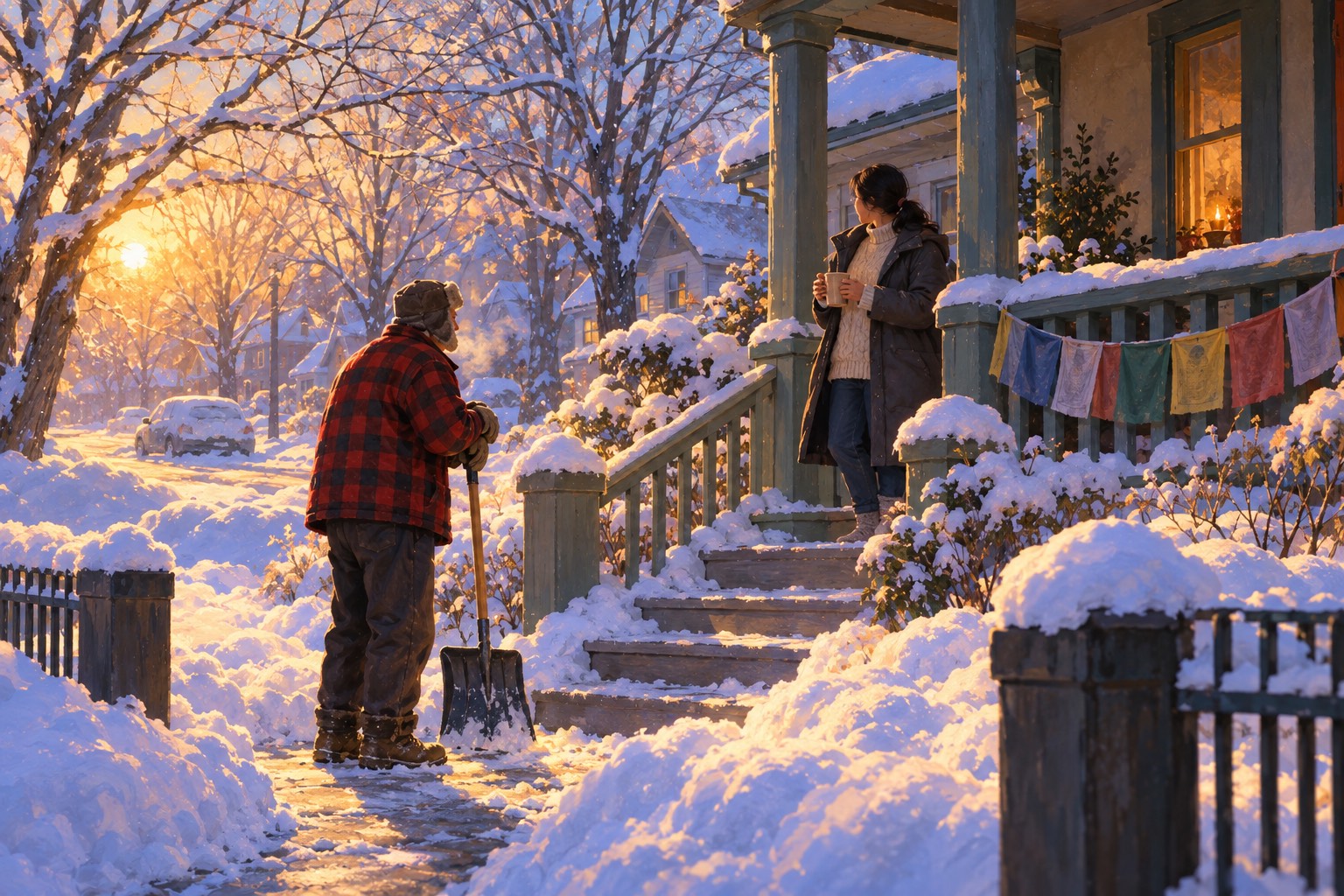 On a snowy front walk an old man in a plaid jacket and earflap cap leans on a shovel, talking with a woman holding a mug on the porch steps.