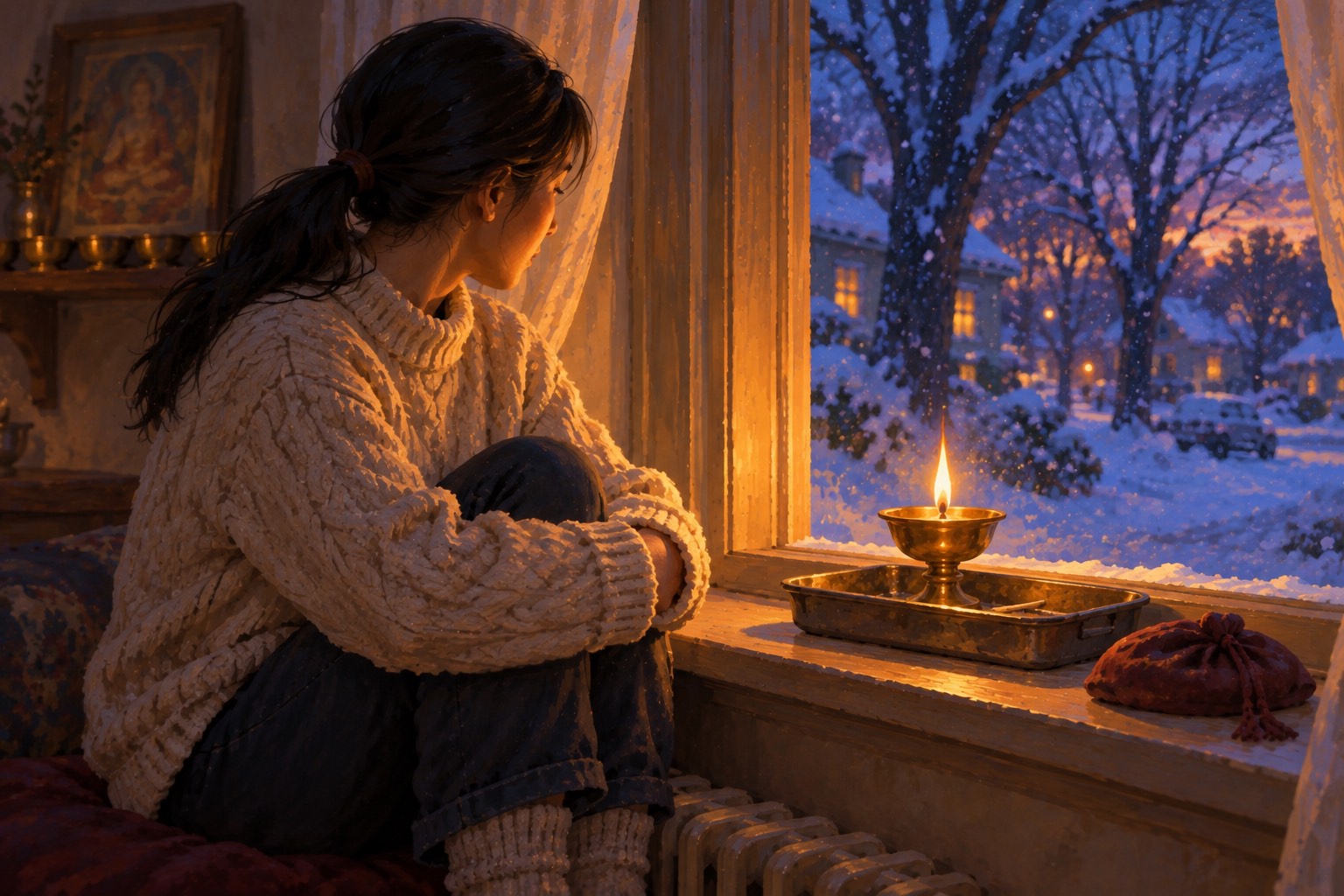 In soft profile, a woman sits beside a dark blue window, her face lit warm by a small brass butter lamp burning on the sill.