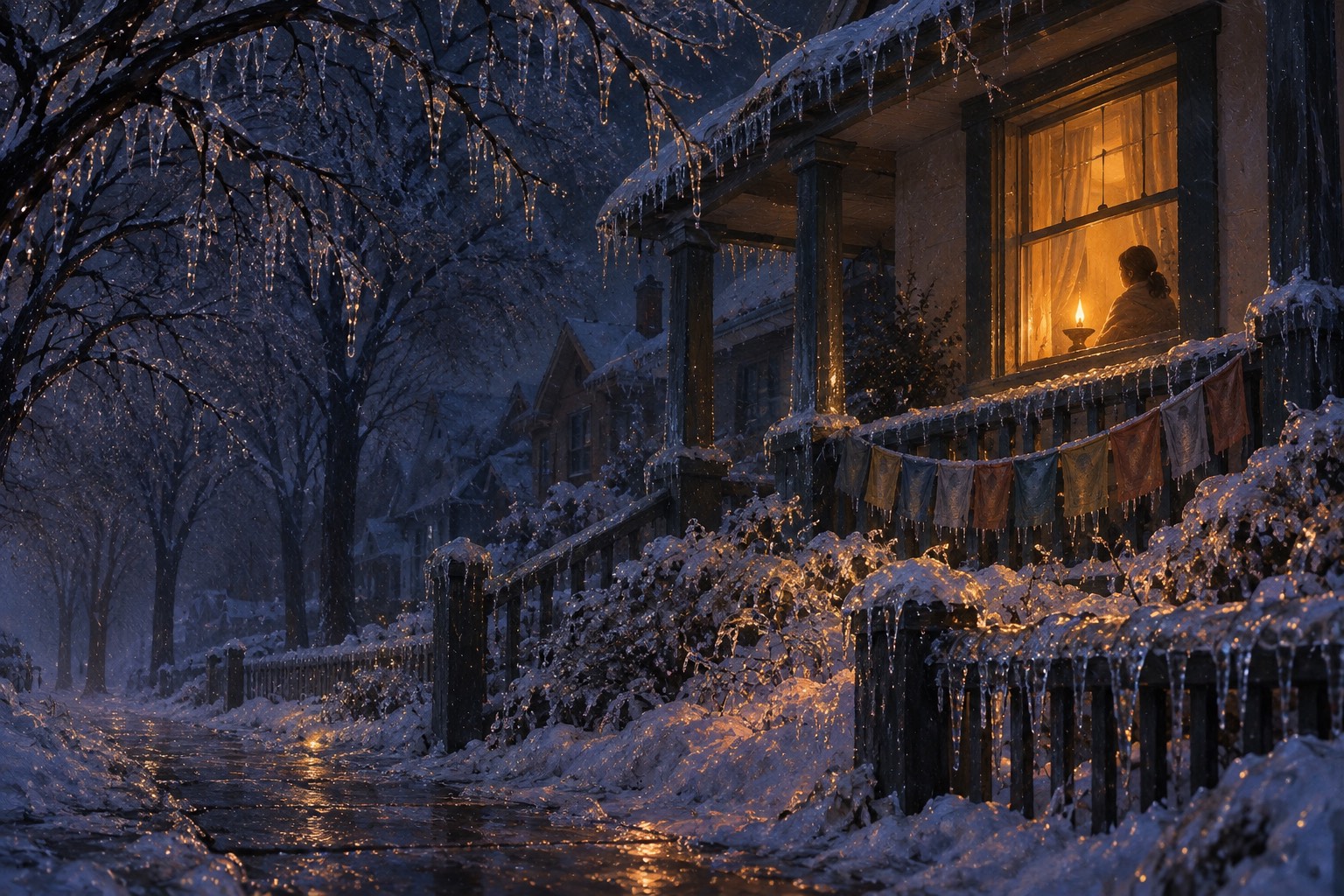 On a dark, ice-coated street with all lights out, one small lamp burns in a front window, a blanket-wrapped silhouette sitting beside it.