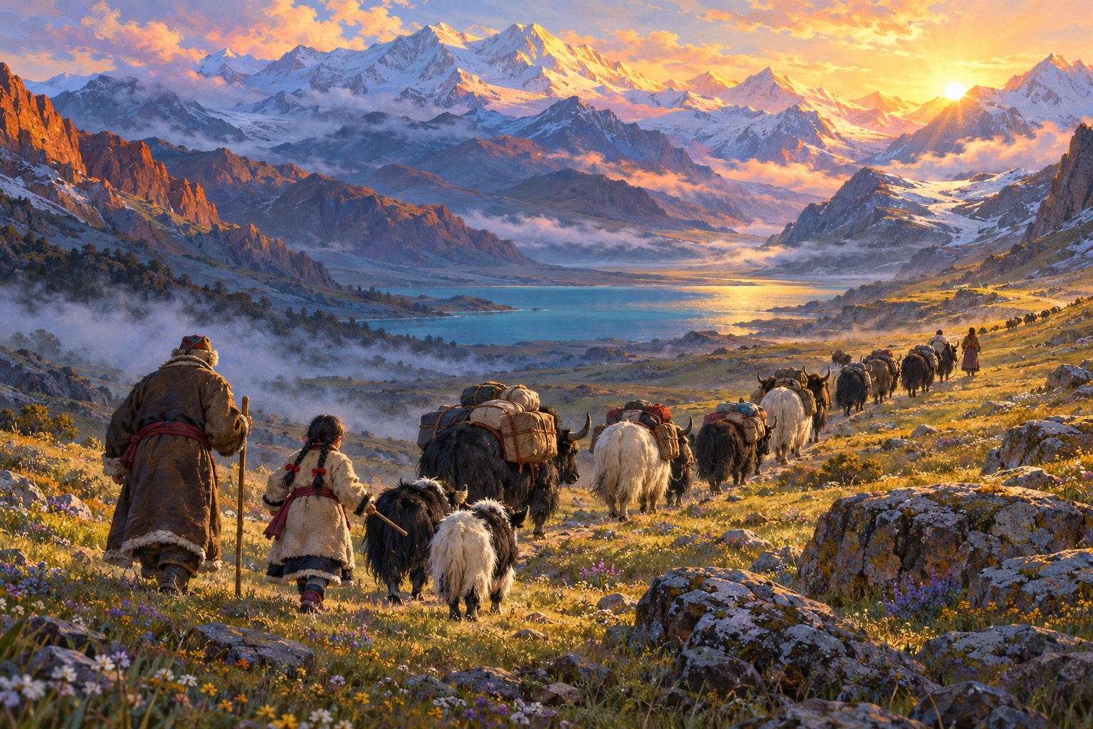 At dawn, a long line of laden yaks winds up a wide grassy valley toward a snowy pass. Far at the back, an old man and a small girl walk side by side behind the herd.