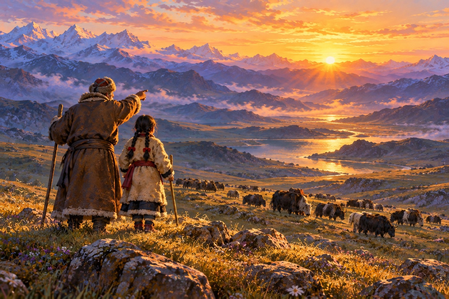 Seen from behind on a ridge at sunset, an old man points toward far blue mountains and the setting sun, and a girl stands beside him looking where he points.