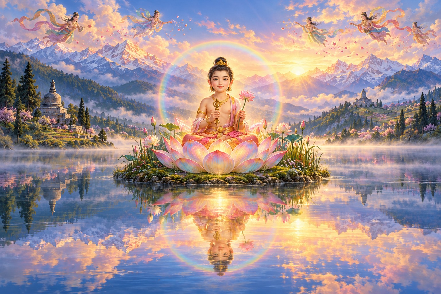 A wide, misty lake at dawn ringed by green hills and snowy mountains. On a small island in the middle, a radiant boy of about eight sits at the heart of a huge many-colored lotus, holding a small golden scepter and a lotus flower, with a faint rainbow halo. Tiny figures in flowing robes scatter petals from the clouds above.