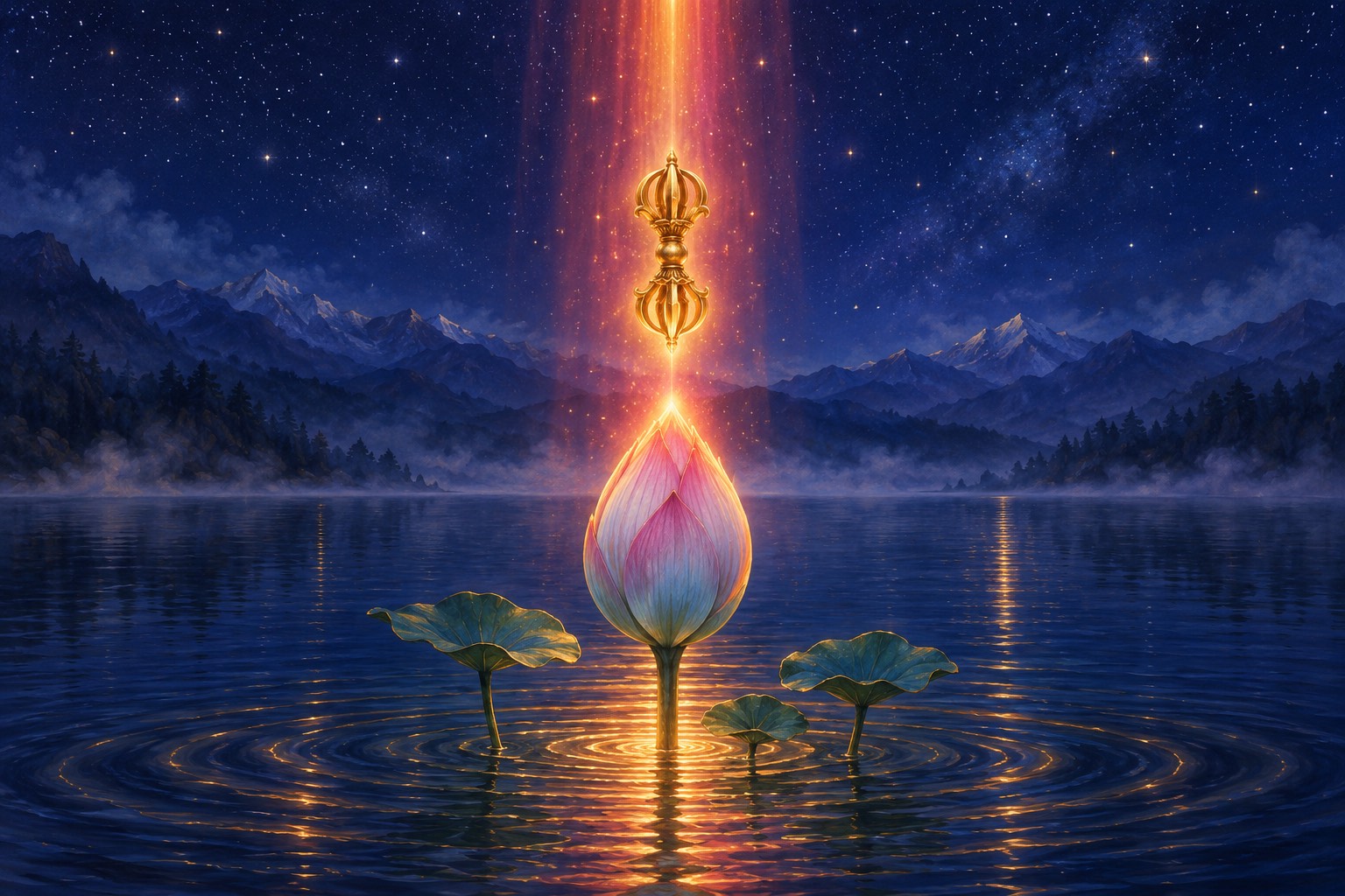 A night lake under a starry indigo sky. A beam of red-gold light descends from above, carrying a small glowing golden scepter toward a single closed lotus bud that rises from the dark water.